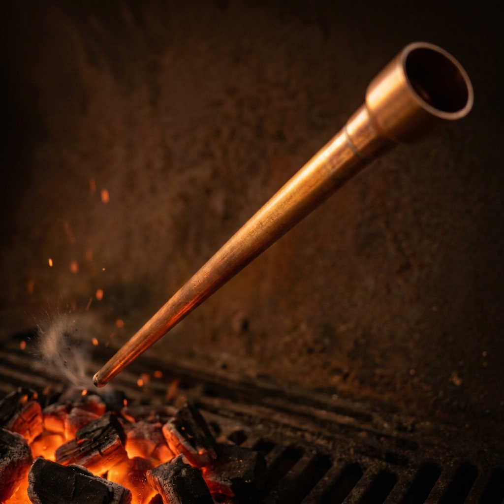 Copper Dutchman Coal Fire Starter blowing air onto glowing braai coals